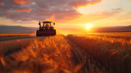 Fototapeta premium A tractor plows through a wheat field, with dust trailing behind in the warm light of a setting sun in the countryside.