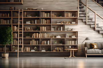 Bookshelves with books in the interior of the room. 3d rendering