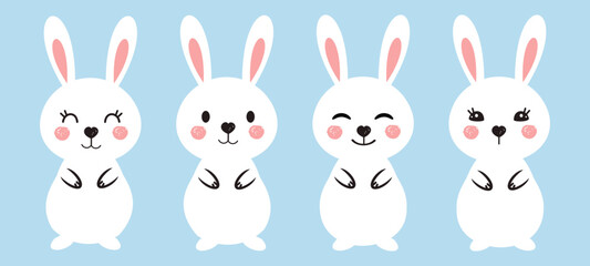 Set of bunny rabbit cartoons on blue background vector illustration. 