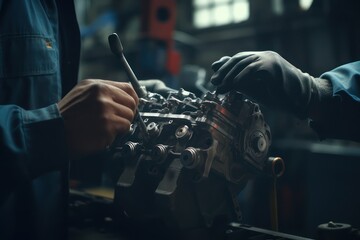Fototapeta na wymiar Car engine mechanic doing repairs, in workshop and tooling equipment 