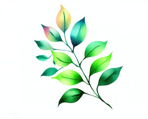 Branch with green leaves, multicolor summer watercolor illustration on white
