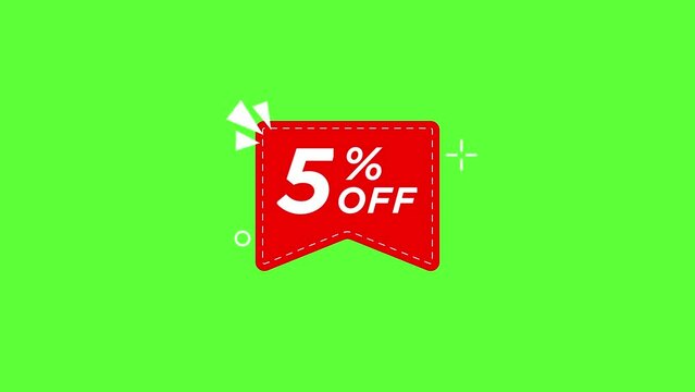 4K motion graphics animation of 5 percent off on chroma key green screen background.
