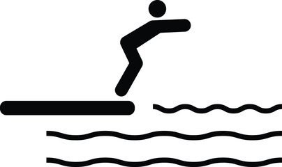 Man Dive Swim in Sea Water from High Board icon. Swimmer jumping in pool sign. A man diving into water in swimming pool symbol. flat style.