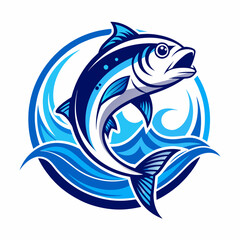 Fresh fish logo with wave water silhouette logo design inspiration
