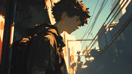 横顔の男子　学生　新社会人　街なか背景