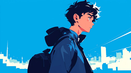 横顔の男子　学生　新社会人　都会シルエット