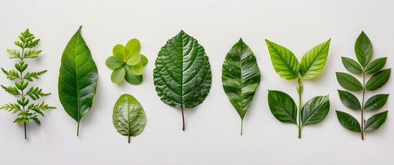Tropical green leaves of different plants isolated on a white background. Suitable for botanical, nature, and wellness-themed designs. - obrazy, fototapety, plakaty