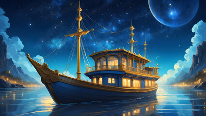 A Real Boat and Night Moon with stars, palette combining blue and gold