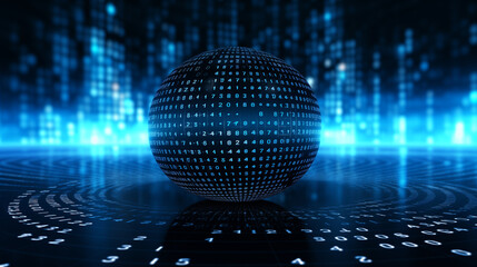 cyber tech background, futuristic technology wallpaper, cyber space data, internet network, blue glowing binary codes in the shape of sphere on reflective black background