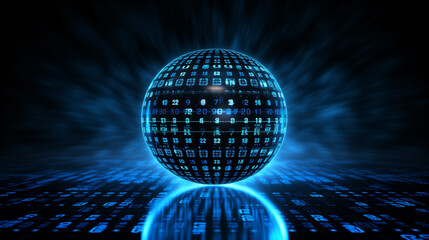 cyber tech background, futuristic technology wallpaper, cyber space data, internet network, blue glowing binary codes in the shape of sphere on reflective black background