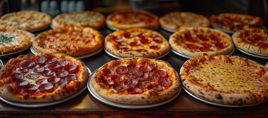 Fototapeta na wymiar Variety of pizzas on a display, with focus on pepperoni.