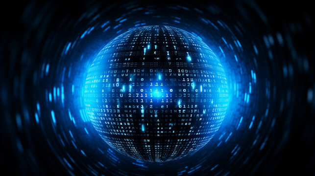 cyber tech background, futuristic technology wallpaper, cyber space data, internet network, blue glowing binary codes in the shape of sphere on reflective black background