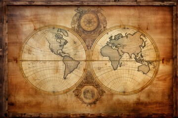 Fototapeta na wymiar World map on old worn paper, continent grunge effect background wallpaper. Wind rose compass direction.
