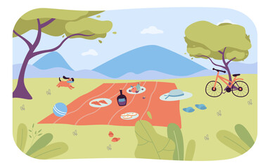 Blanket with bottle of wine, pizza and sandwiches. Vector illustration. Bicycle and dog on background. Picnic, outdoor activities concept