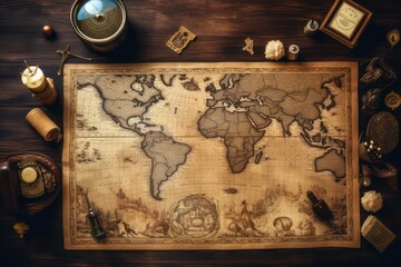 World map on old worn paper, continent grunge effect background wallpaper. Wind rose compass direction.