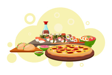 Dishes of different national cuisines. Italian pizza, Japanese sushi, rolls and miso soup, Mexican taco. International cuisine concept.