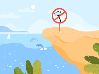 Prohibition sign with selfie stick and mobile phone on sandy ledge over sea with sailing ship and dolphins. Vector illustration.Warning sign. Selfie ban, danger of selfie concept - obrazy, fototapety, plakaty