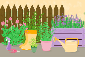 Herbs in pots and box in garden. Flat vector illustration. Watering pot, rubber boots, garden pruner. Gardening, agriculture, hobby concept © SurfupVector