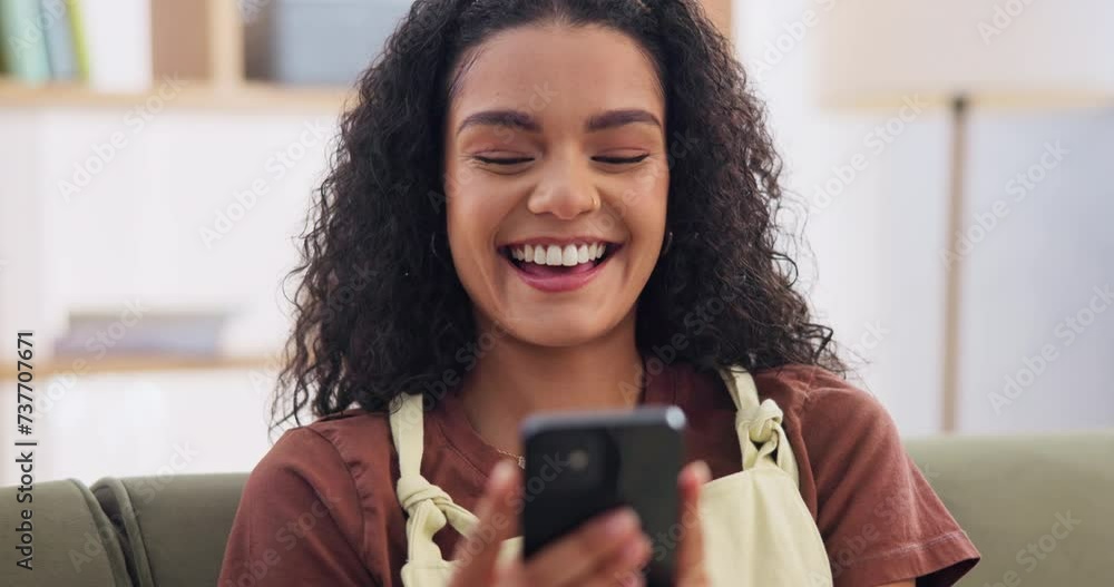 Poster woman, laughing and scroll with phone on sofa for streaming, social media post and internet meme in 