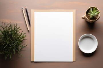 Blank paper copy space template with minimalist interior potted plant decoration and coffe mug on a wooden table. Stationary mock up top view flat lay style.