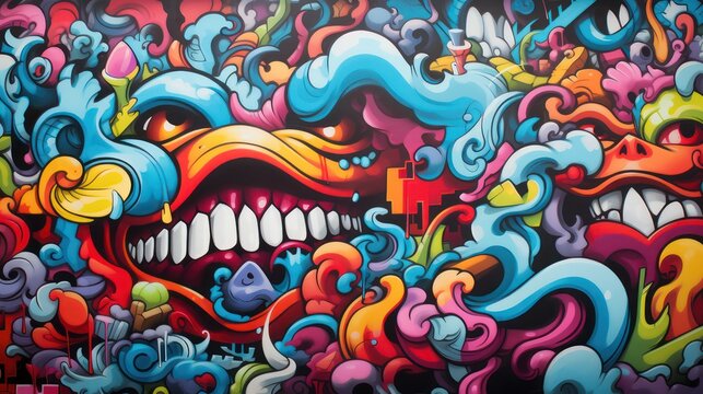 Street art graffiti paintings show scary faces with colorful abstract decorations.