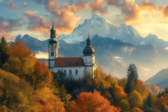 Iconic picture of Bavaria with Maria Germ church with Hochhalter peak on background. Fantastic autumn sunrise in Alps. Superb evening landscape of Germany countryside. Traveling concept background