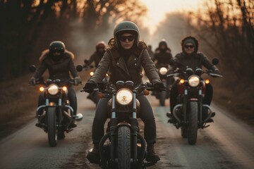Motorcyclist group on the road at sunset. banner with copy space