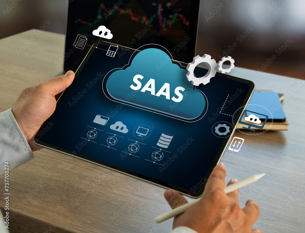 Poster saas cloud software as a service saas internet and technology man on desktop computer
