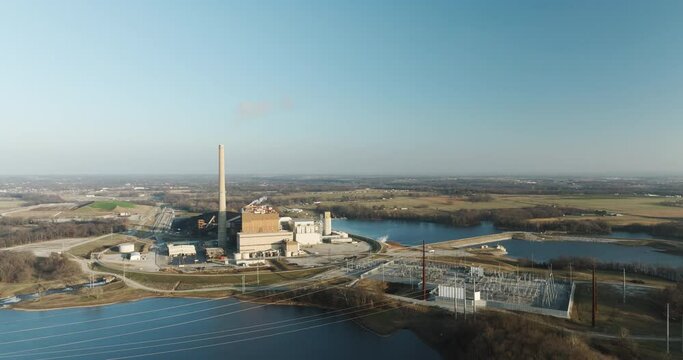 Establisher aerial shot of lake Flint Creek with view of Power Plant, Arkansas