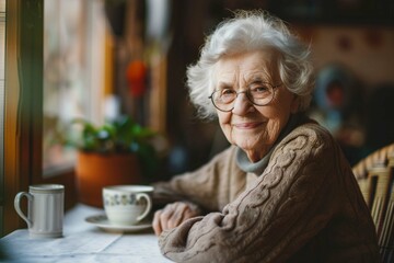 Portrait of elderly pensioner lady sitting at the table.