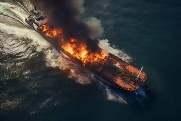 Aerial view of a large cargo ship with fire and smoke.