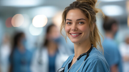 A nurse smiling with her stethoscope, in hospital
