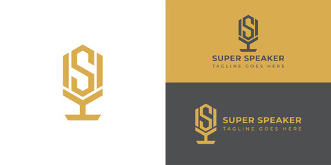 Abstract the initial letter S or SS in gold, isolated on a white background. Super speaker podcast logo with microphone and letter S design for your podcast or radio channel vector illustration