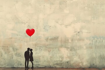 cute couple kissing with red heart shaped balloon,copy space