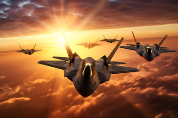 Fighter jet fighter in the sky at sunset. 3d render - obrazy, fototapety, plakaty