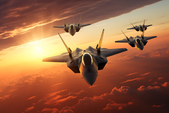 Fighter jet fighter in the sky at sunset. 3d render