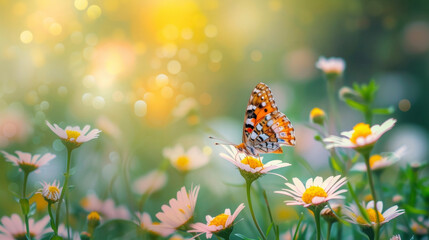 A serene image of a wildflower meadow with a butterfly feeding on a flower highlighting the importance of creating pollinatorfriendly gardens for a thriving ecosystem.
