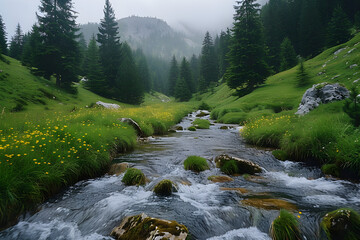 A peaceful brook from Latorita's Spring winds its way through a dense spruce forest and a lush alpine meadow, Mount Capatanii in the Romanian Carpathians. - obrazy, fototapety, plakaty