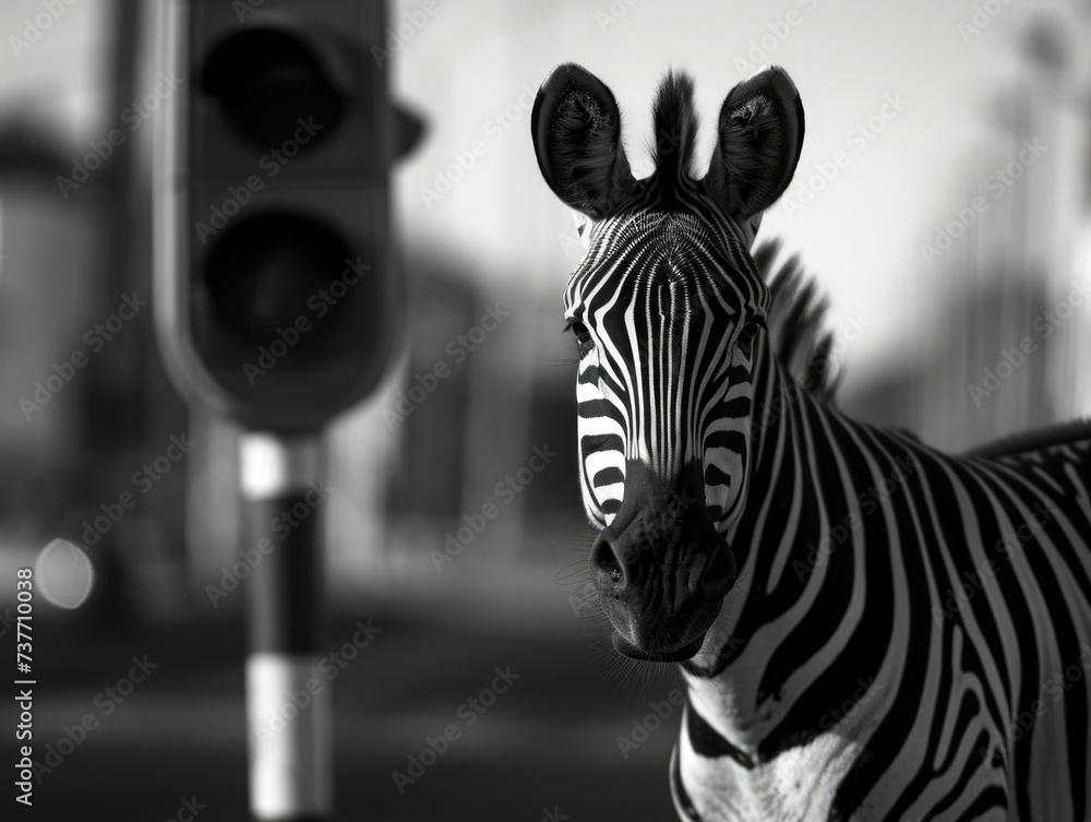 Poster a zebra standing next to a traffic light. generative ai.