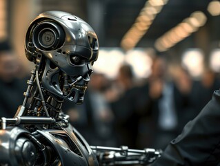 A robot is shaking hands with a man. Generative AI.