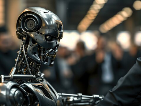 A robot is shaking hands with a man. Generative AI.