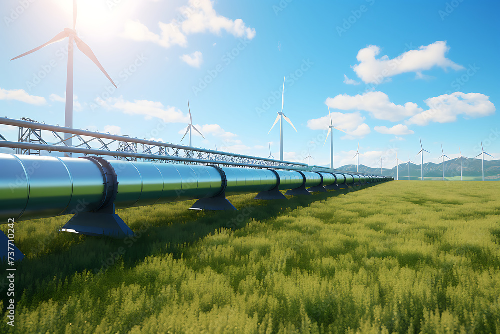 Wall mural pipeline and wind turbines in a field, 3d render