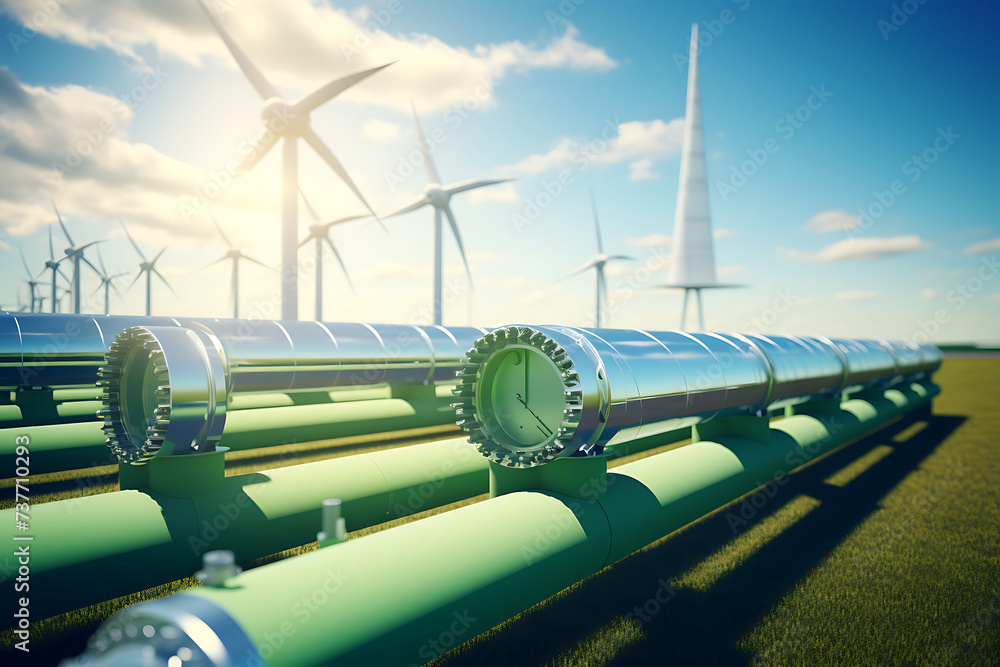 Wall mural pipeline and wind turbines in a field, 3d render