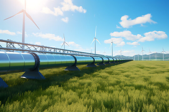 Pipeline and wind turbines in a field, 3d render
