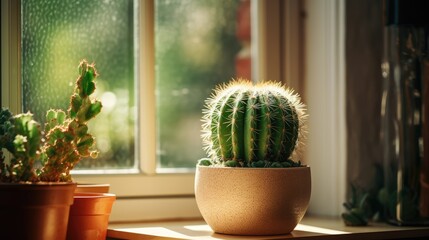 Small cacti in pots on the windowsill by the window. A homemade exotic plant.