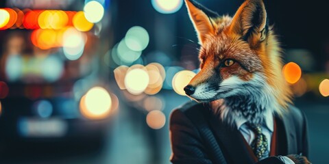 A fox in a suit and tie standing in front of a city. Generative AI.