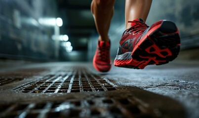 A person wearing red running shoes is running down a street. Generative AI. - Powered by Adobe