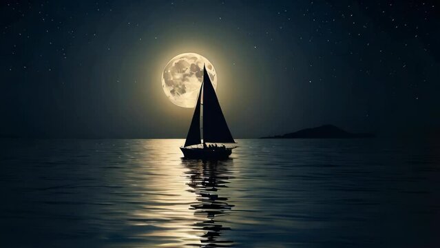 A solitary sailboat floating on the night sea under a shining full moon, with the stars scattered in the sky and the reflection of moonlight on the water surface conveying stillness.

