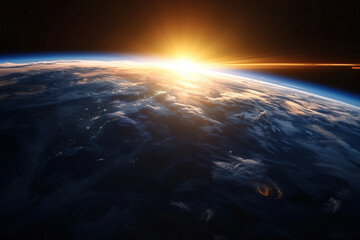 Sunrise view from space on dark planet earth background.