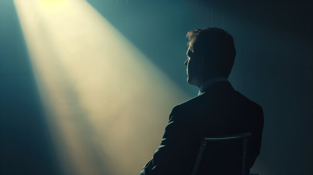 A Man Sitting In A Chair In Front Of A Spotlight Shining Background